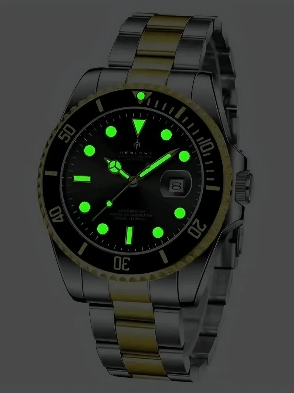 Men's Two-Tone Stainless Steel Dive Watch with Black Luminous Dial
